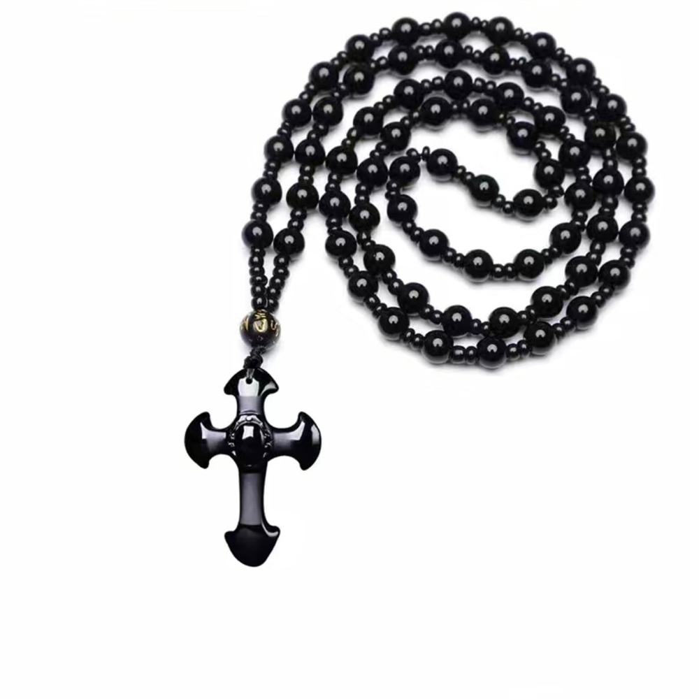 1pc Black Religious Christian Cross Fashion Obsidian Style Pendant Necklace - Picture 6 of 15